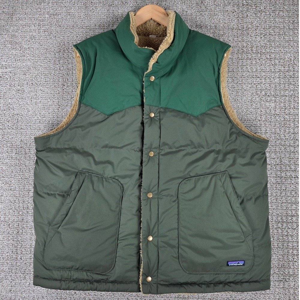 Patagonia Reversible Bivy Down Vest Mens Green Tan Sherpa Fleece Puffer Size‎ XL